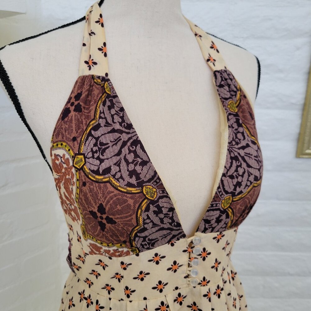 Women's Halter Dress Small Ivory Beige Paisley Floral Plunge Neckline Backless - Picture 2 of 9